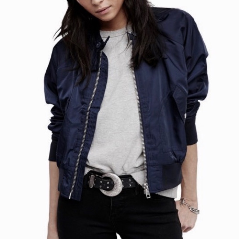 FREE PEOPLE Midnight Satin Bomber Jacket Navy Blue